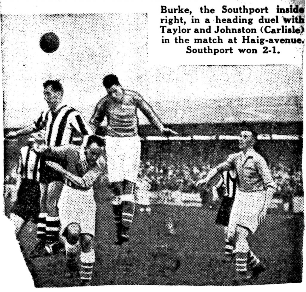 Burke, the Southport inside right, in a heading duel with Taylor and Johnston (Carlisle) in the match at Haig Avenue.