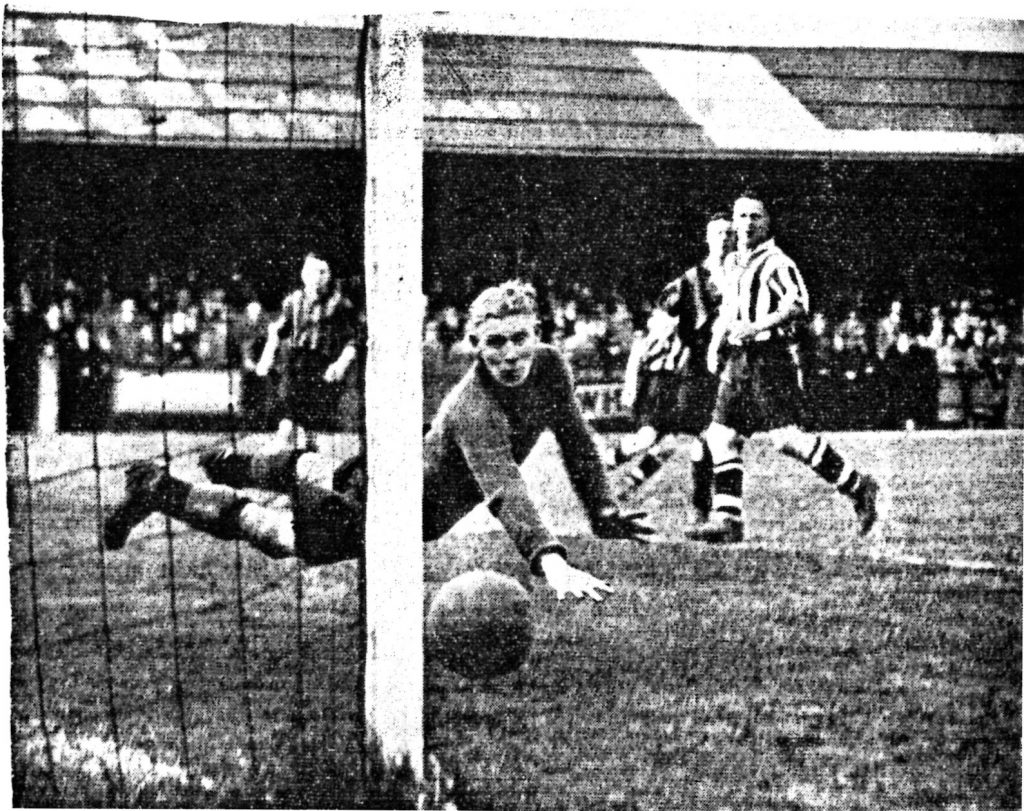 One of the many occasions on which Goodall, the Hull City goalkeeper, saved what appeared to be a certain goal