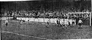 Joe Patrick scoring Southport's second goal against New Brighton, as seen from the stand.