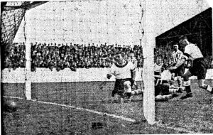 Charlie Reed scores the opening goal of Southport's season against Chester in 1935