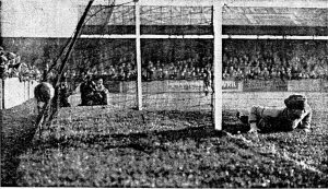 McKay's spectacular opening goal at Haig avenue, with the ball lodged on the back of the net.